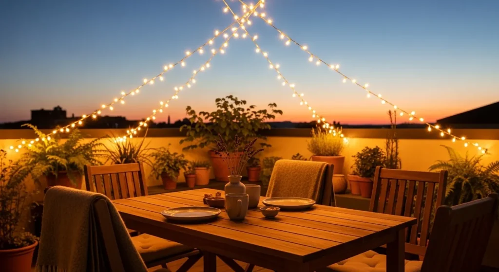 Outdoor patio with string lights hanging above a wooden table and chairs.