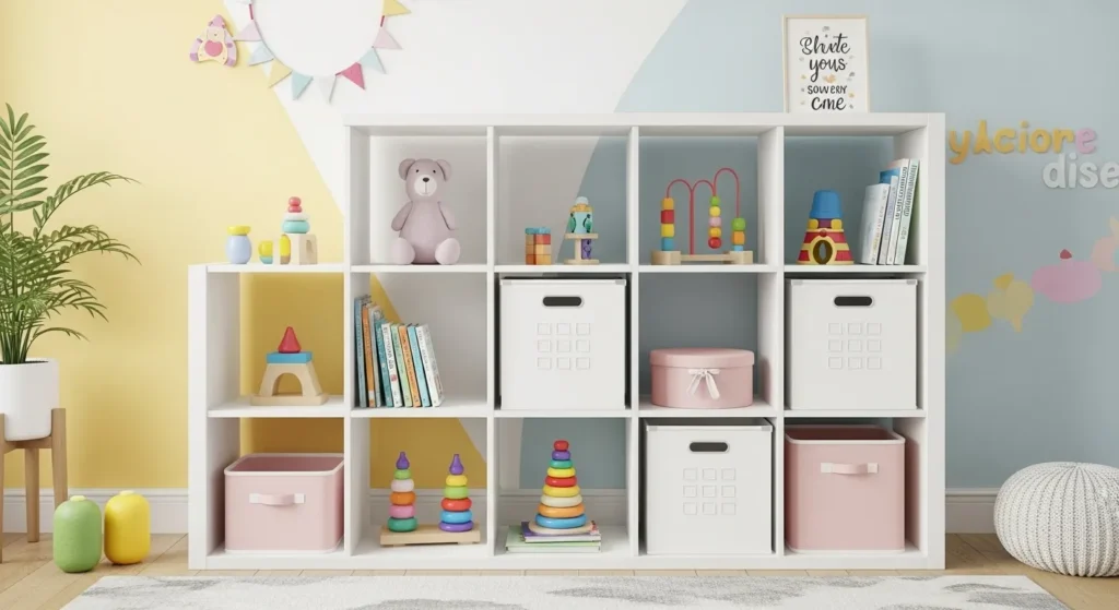 Modular cube shelving with toys and bins in a nursery.