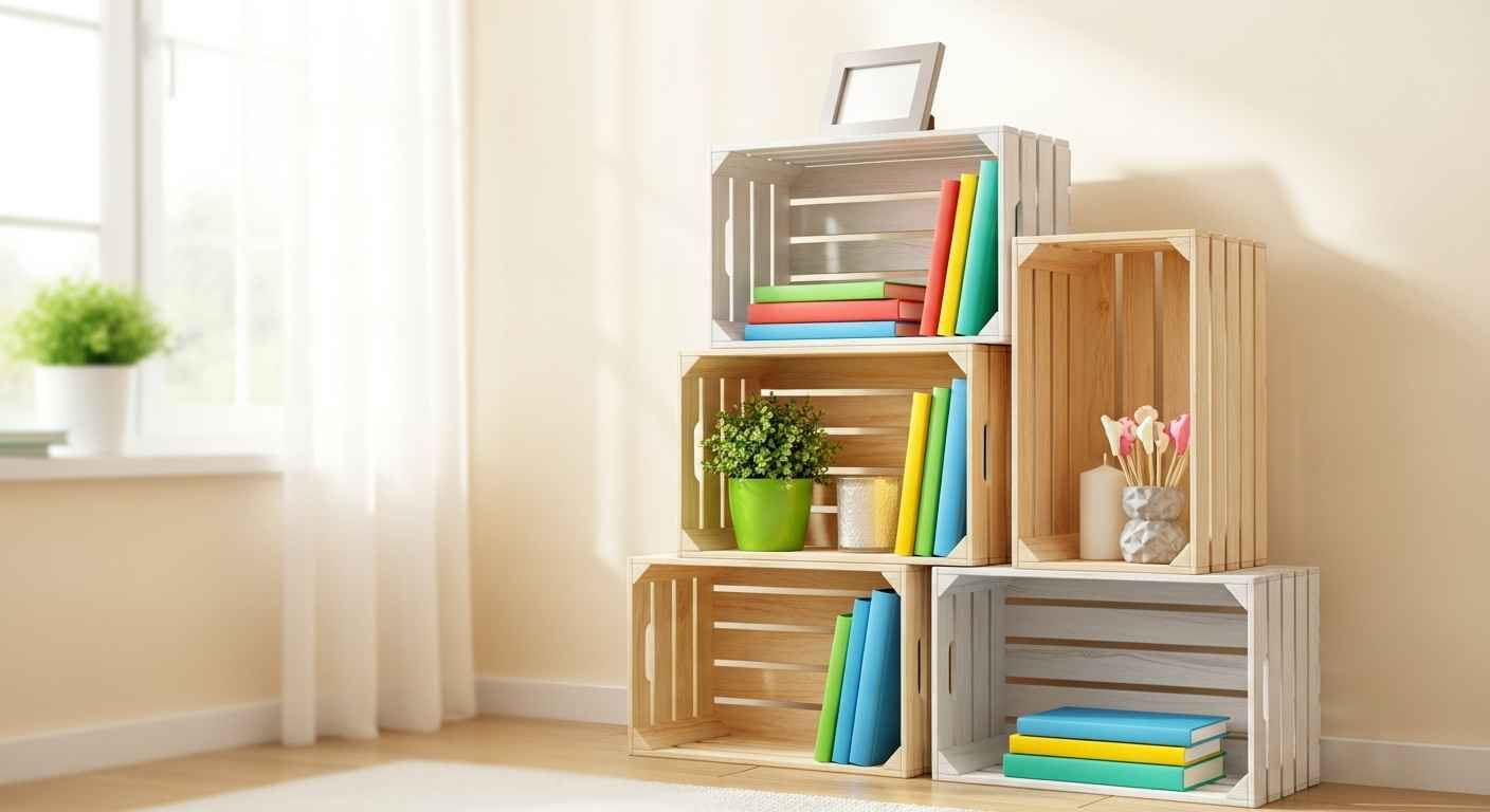 DIY bookshelf thumbnail with wooden crates and books.