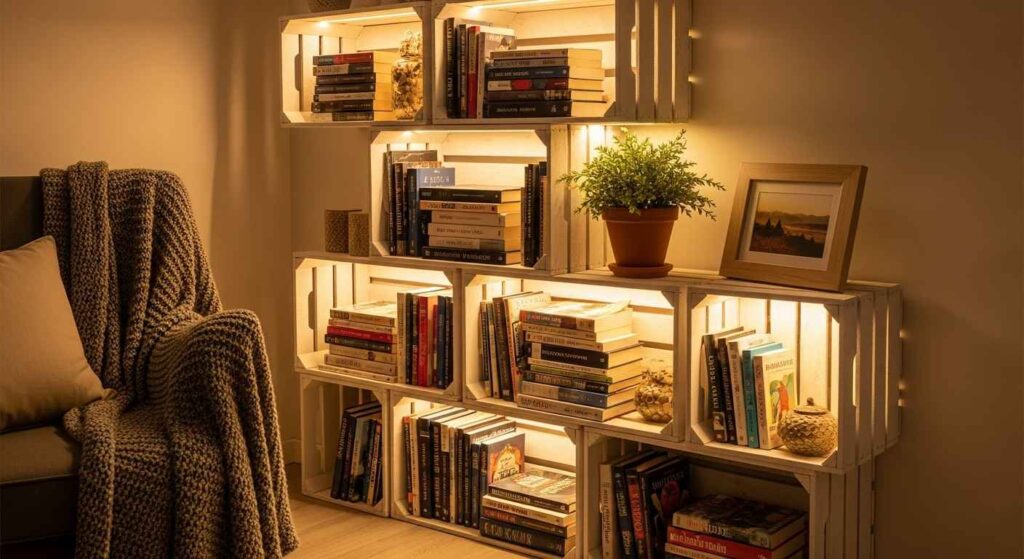 DIY bookshelf with books, plants, and LED lights.