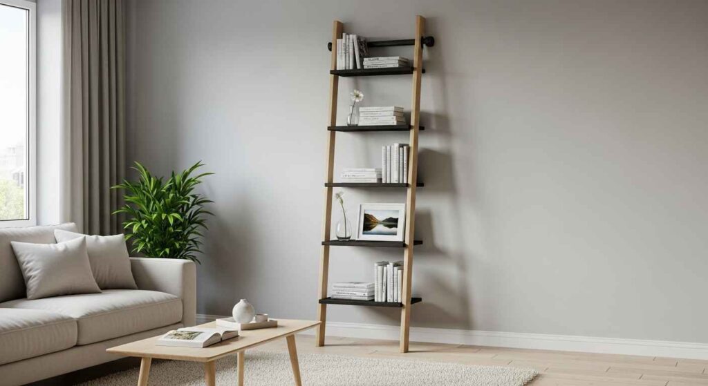 DIY ladder bookshelf leaning against a wall with books and decor.