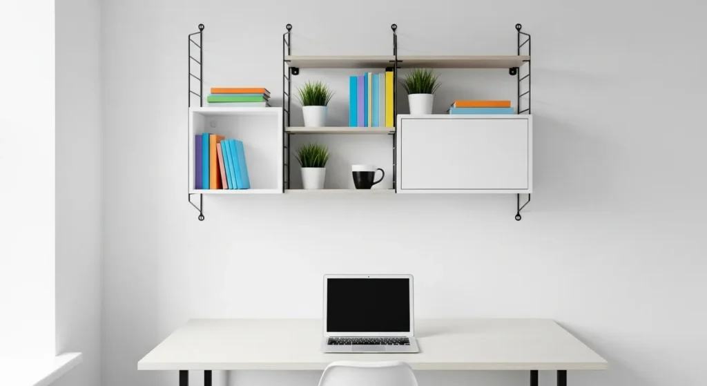 Wall-mounted modular shelves with books and decor in a home office.