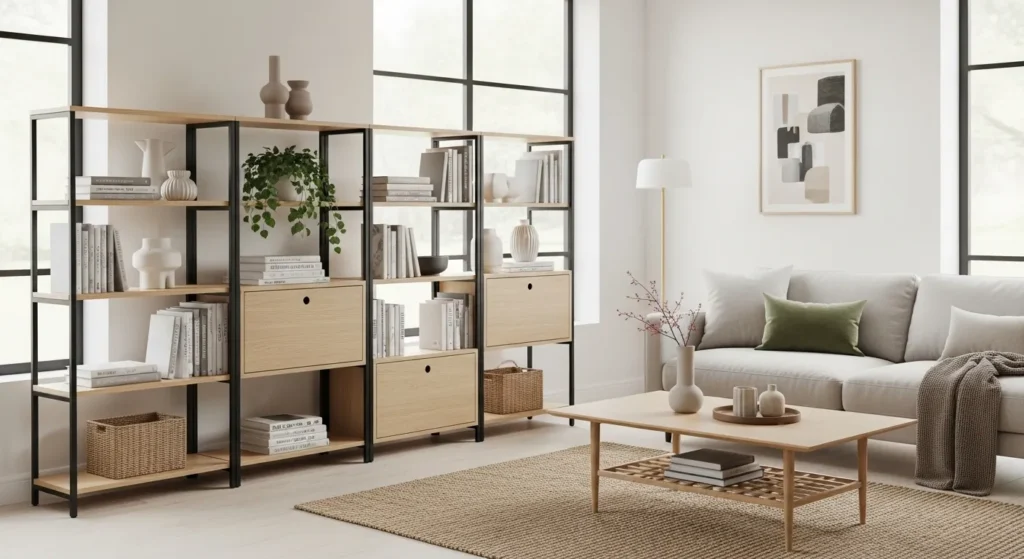 Modern modular shelving unit with books and decor in a living room.