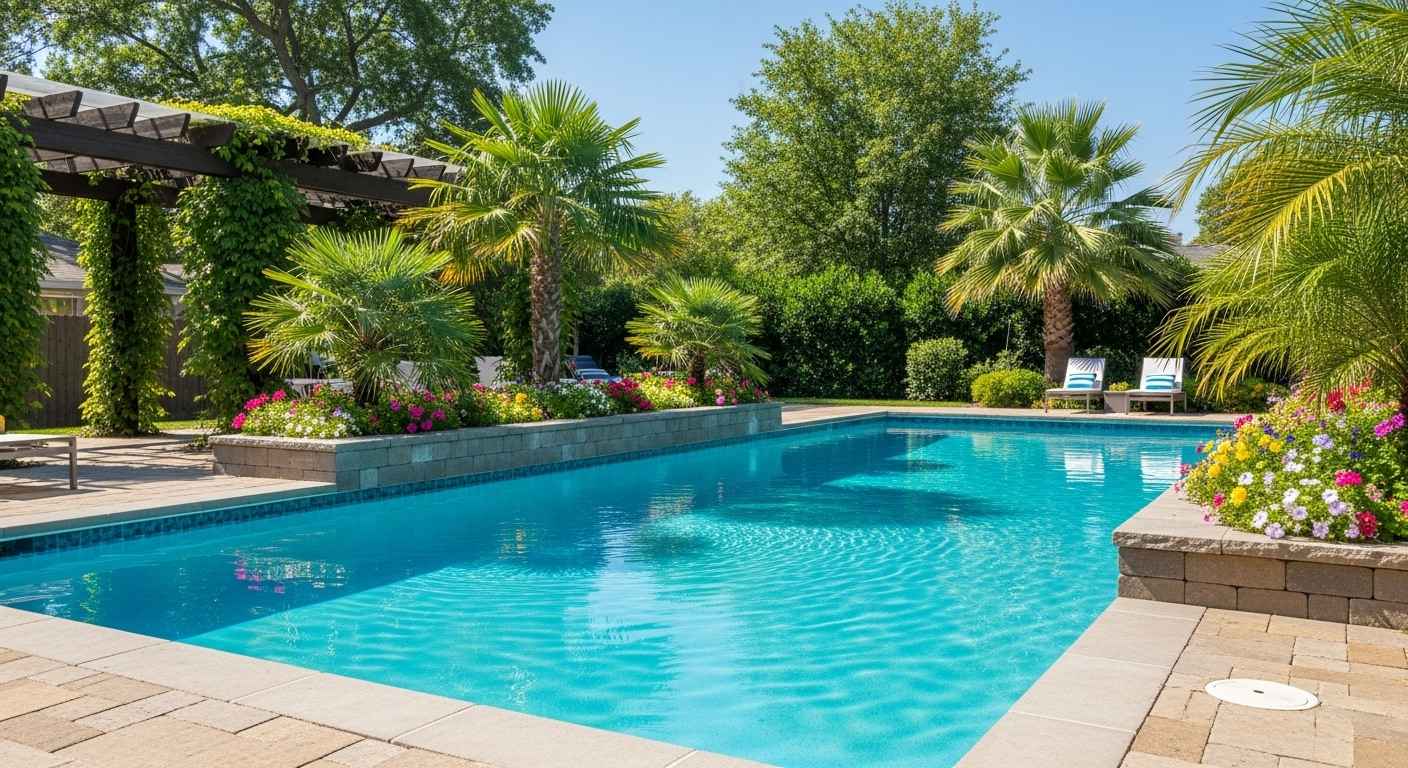 Swimming pool with tropical landscaping.