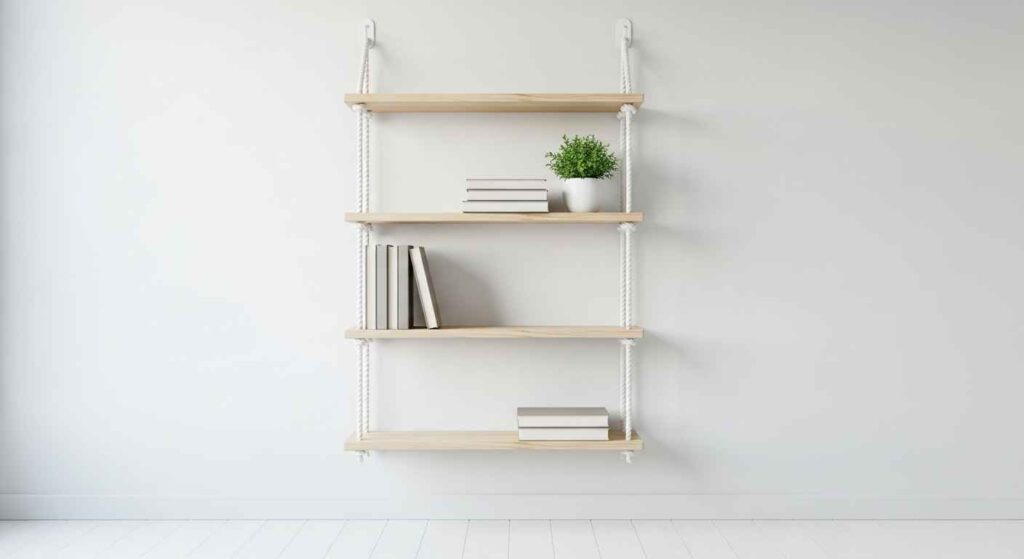 DIY rope and board bookshelf hanging on a wall with books.
