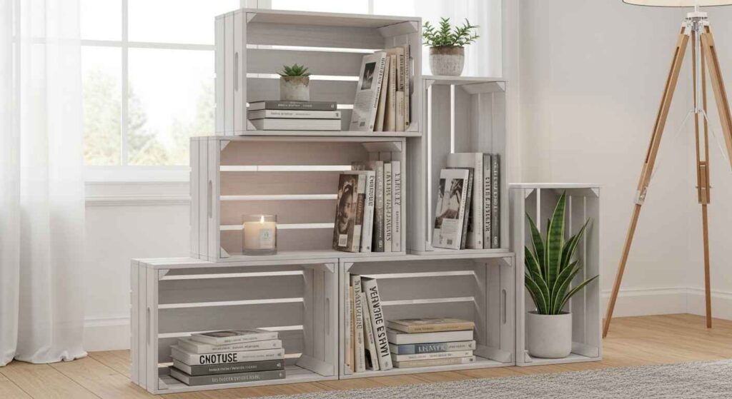 DIY wooden crate bookshelf in a cozy living room.