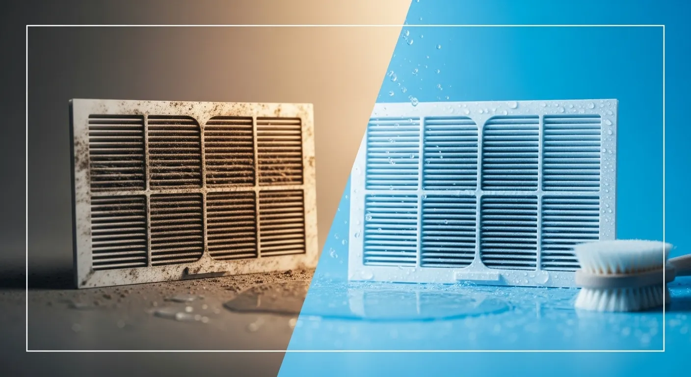 Split image of dirty and clean air conditioning filter for blog thumbnail.