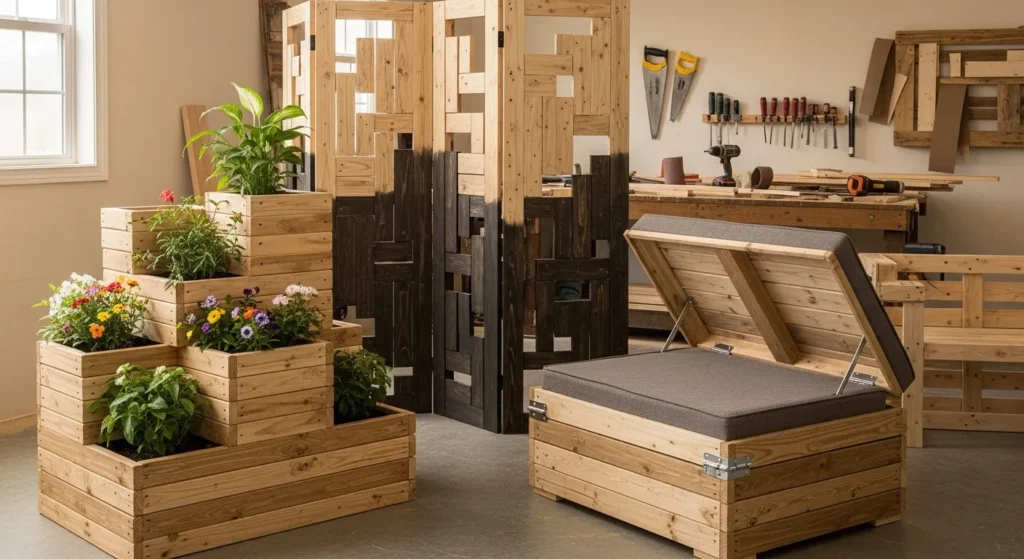 Multiple advanced pallet furniture pieces including stepped planters, storage ottoman, and decorative room divider