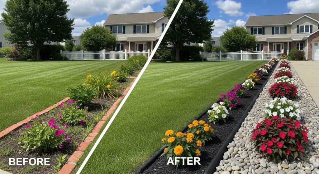 Before and after comparison showing lawn edging transformation