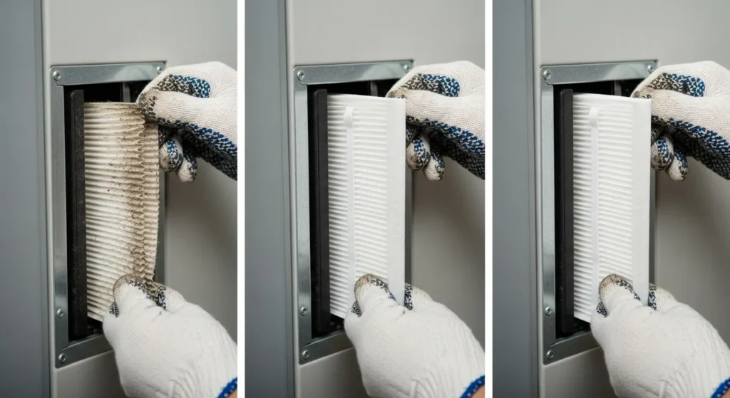 Person installing new air filter in furnace