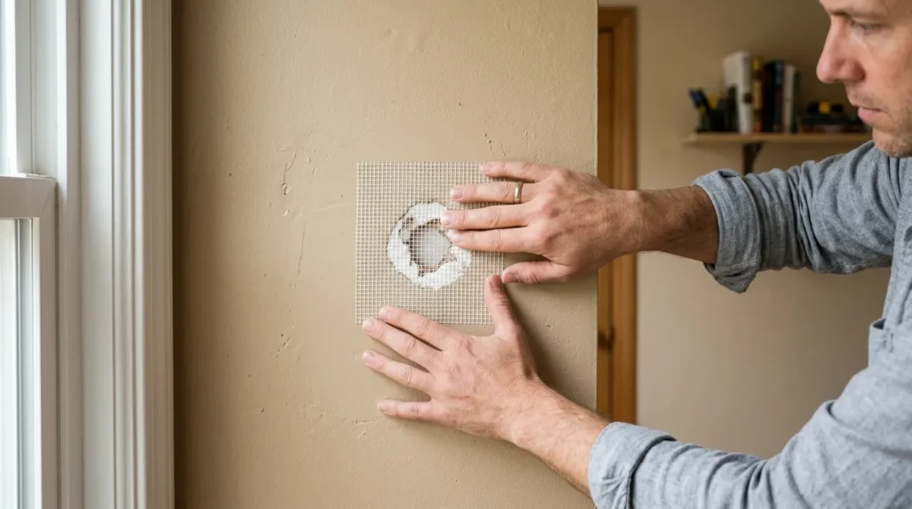 Hands pressing a self-adhesive mesh drywall patch over a medium-sized wall hole