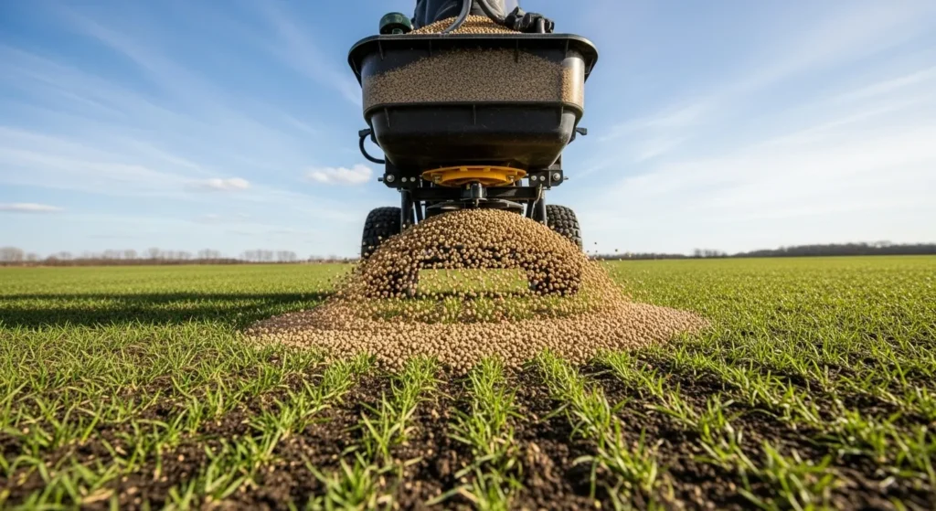 Broadcast spreader distributing fertilizer on lawn