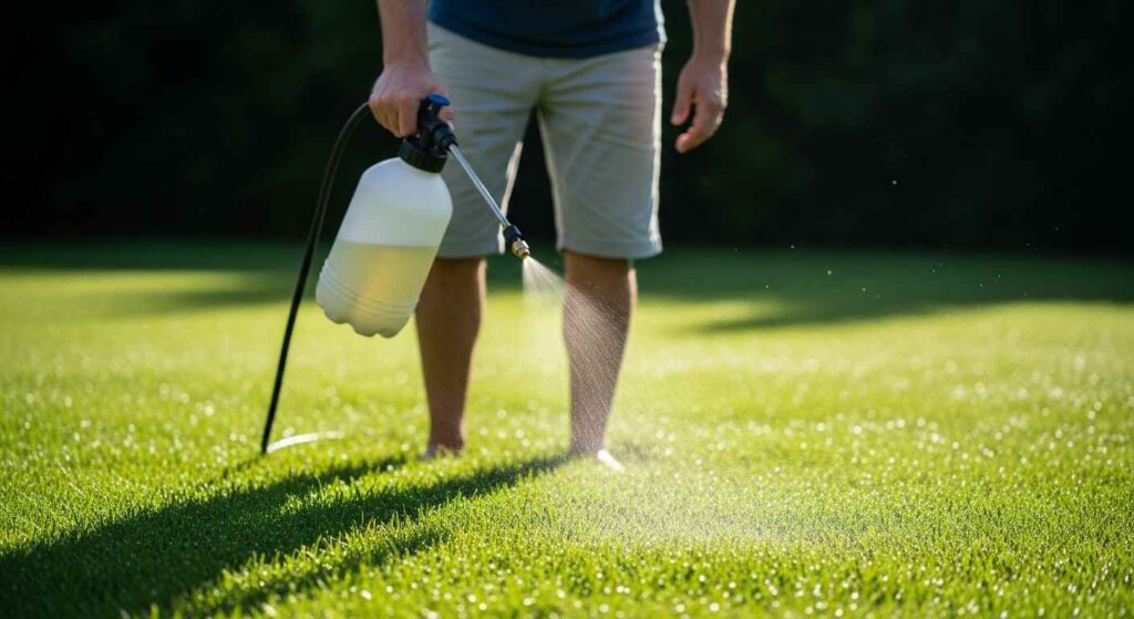 Person applying neem oil spray to lawn.