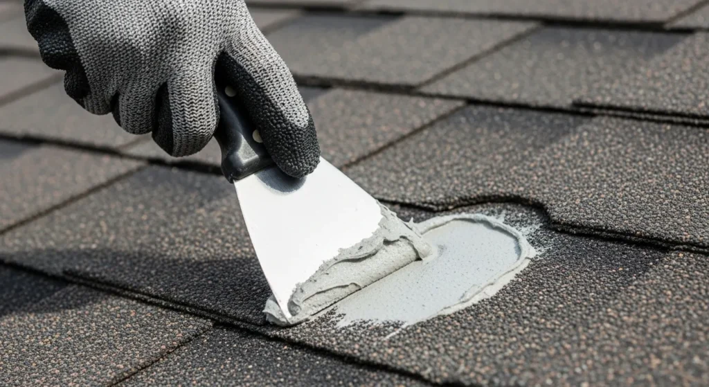Person using putty knife to patch roof with gray cement.