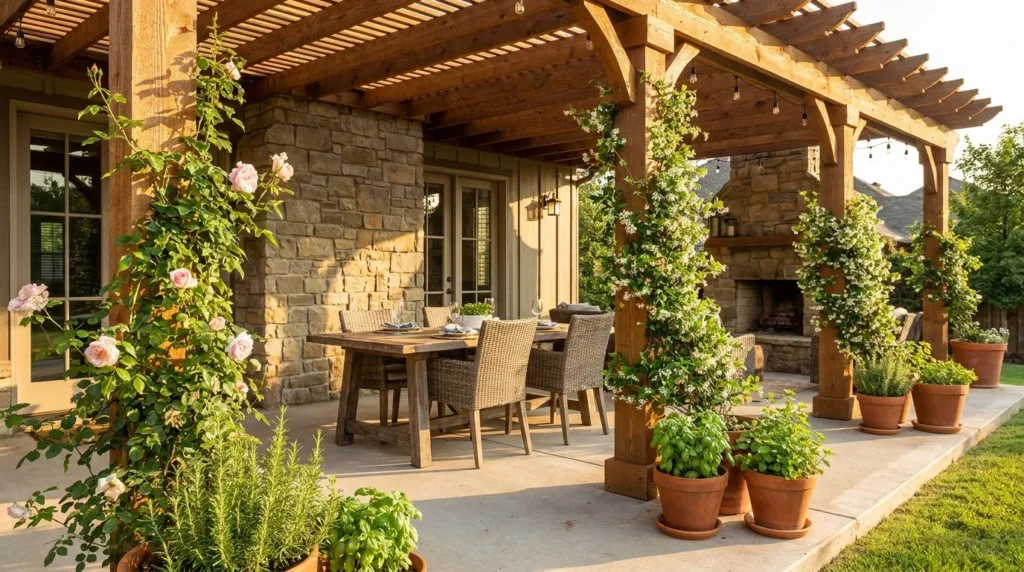 Attached cedar pergola extending from house over outdoor concrete patio with dining furniture and potted plants
