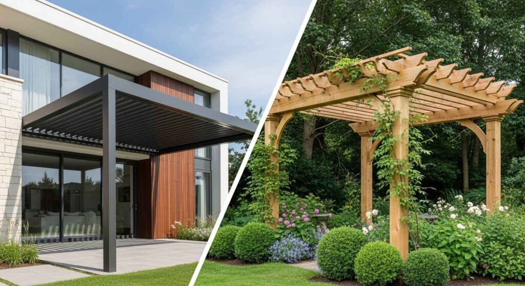 Comparison of attached pergola on house versus freestanding garden pergola