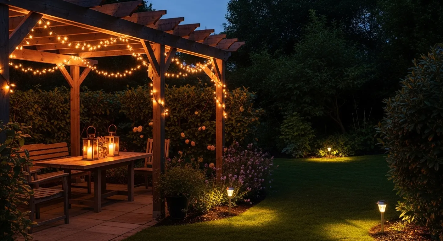 Cozy backyard with string lights and lanterns at dusk.