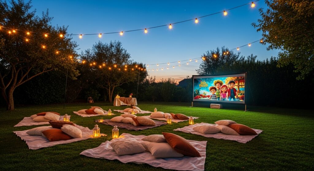 Outdoor movie night setup with blankets and pillows on grass
