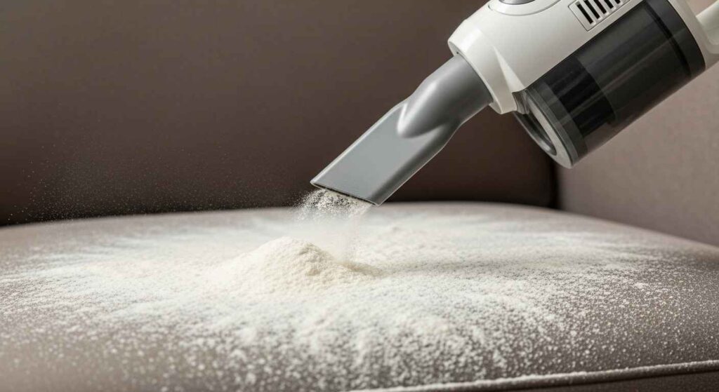 Hands sprinkling baking soda on fabric couch cushions for odor removal