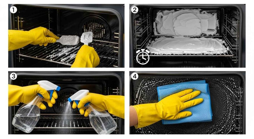 Four-panel image showing baking soda paste application, waiting period, vinegar spray, and final wipe-down