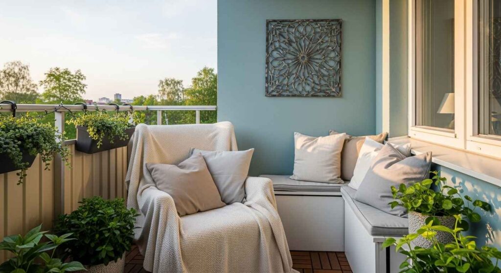 Balcony with pillows, a throw blanket, and wall art.