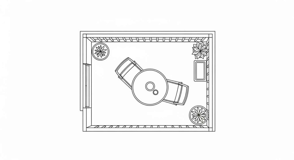 Simple balcony floor plan with furniture and plant outlines.