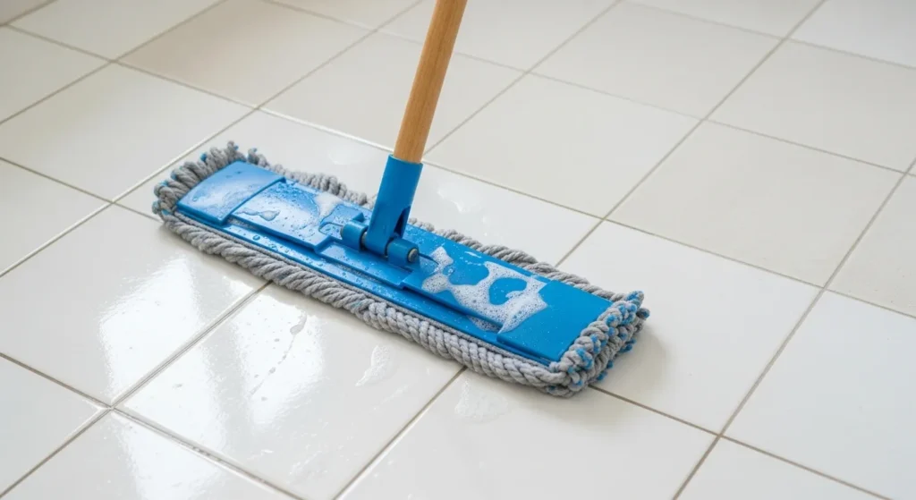 Person mopping tile bathroom floor.