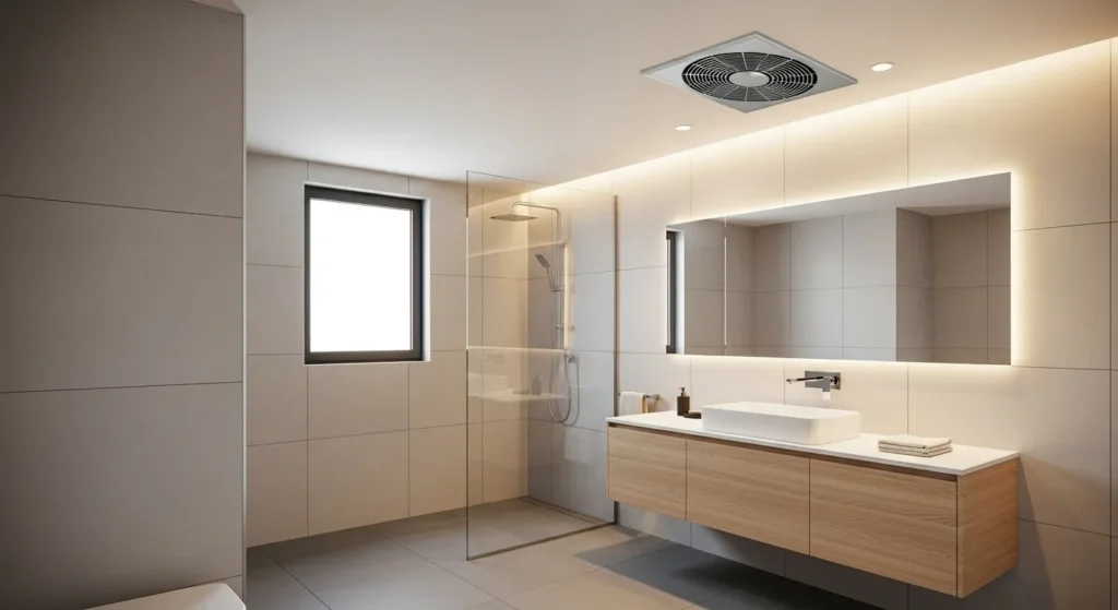 Modern bathroom exhaust fan installed in ceiling for mold prevention