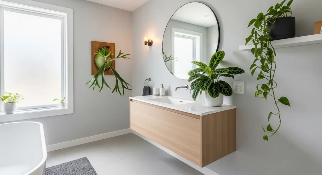 Modern bathroom with staghorn fern, prayer plant, and pothos creating natural decor