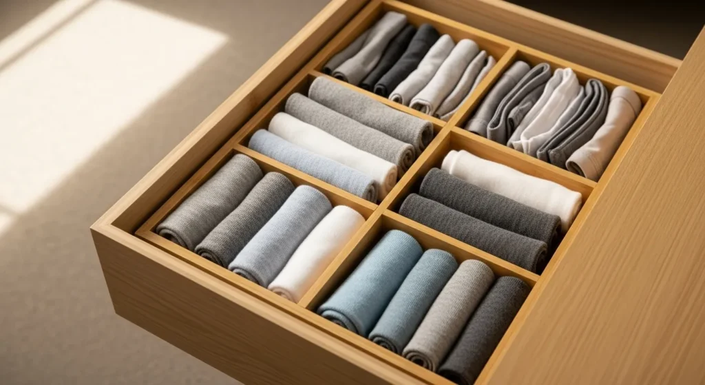Bamboo drawer organizer with folded socks and underwear in a bedroom.