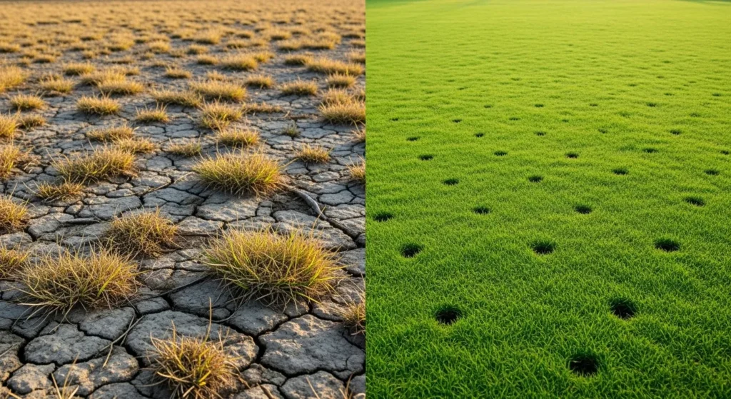 Comparison of compacted lawn versus aerated healthy yard.
