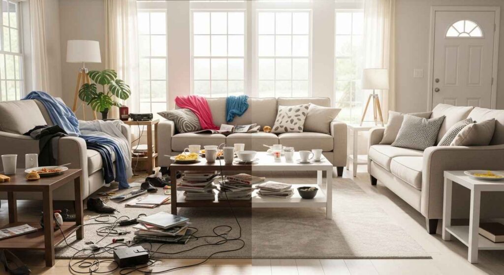 Side by side comparison of cluttered versus decluttered living room