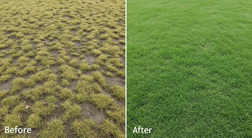 Before and after photos showing lawn transformation with fertilizer