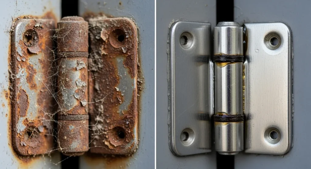 Comparison of squeaky dry door hinge and smooth lubricated one