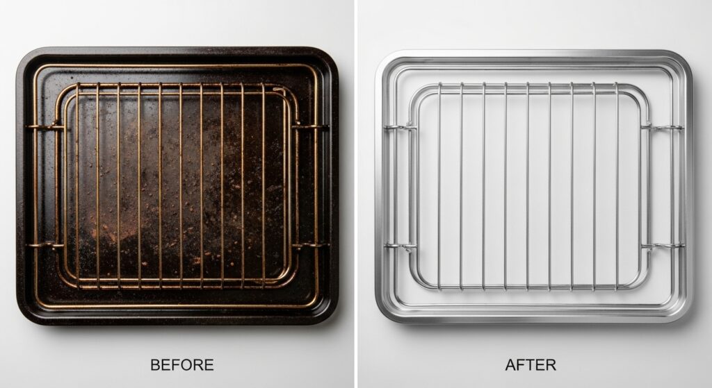 Split image showing dirty oven racks on left and sparkling clean racks on right