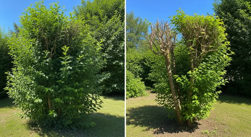Side-by-side view of a bushy shrub before and after pruning