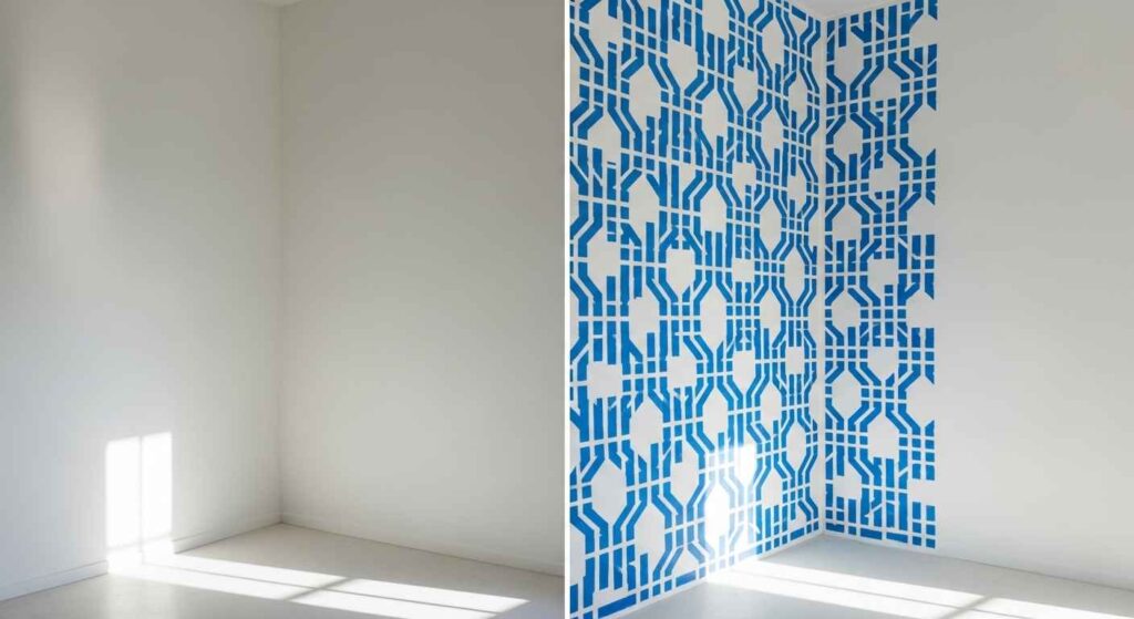 Before and after view of a stenciled accent wall.