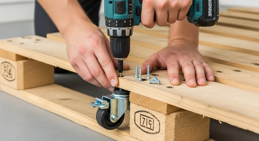 Hands assembling a basic pallet coffee table showing construction steps with tools nearby