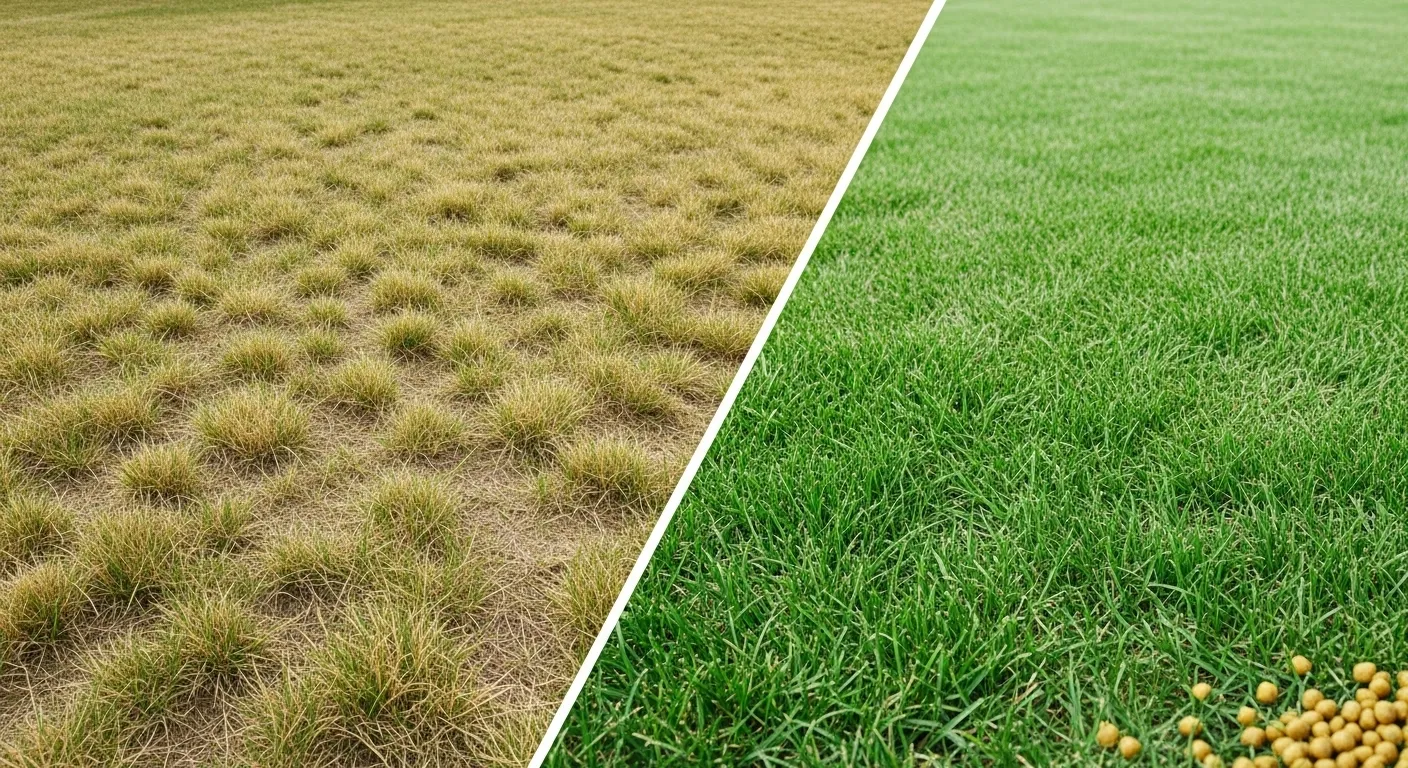 Before and after lawn comparison showing patchy yellow grass transformed into lush green lawn with fertilizer