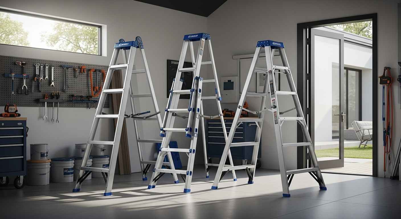 Three different types of ladders displayed in a modern garage setting showing step ladder, extension ladder, and multi-position ladder for home projects