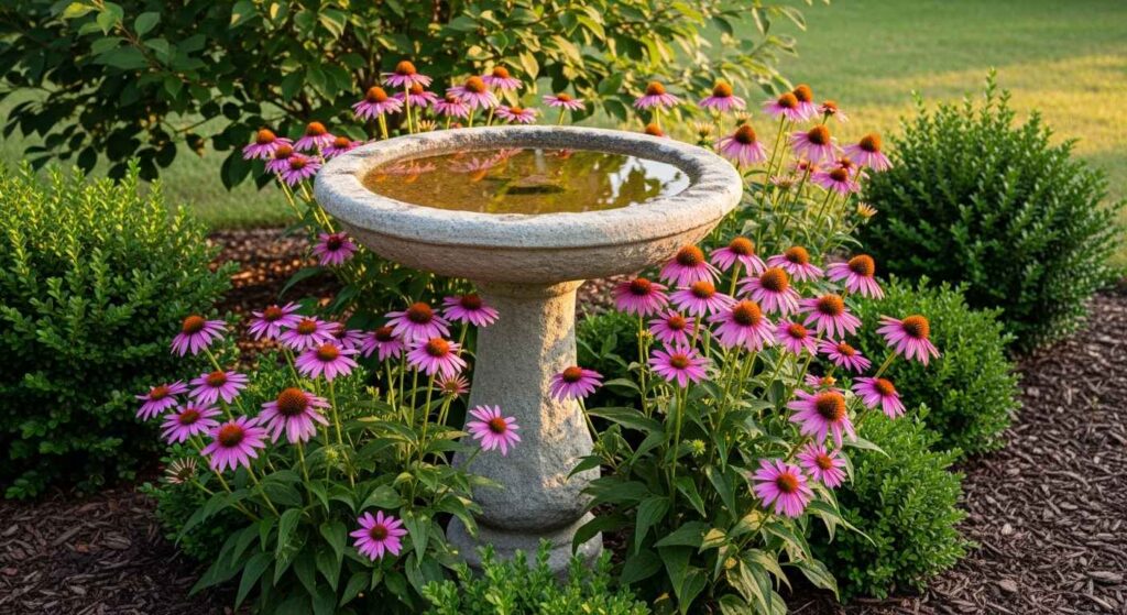 Bird bath in front yard flower bed.