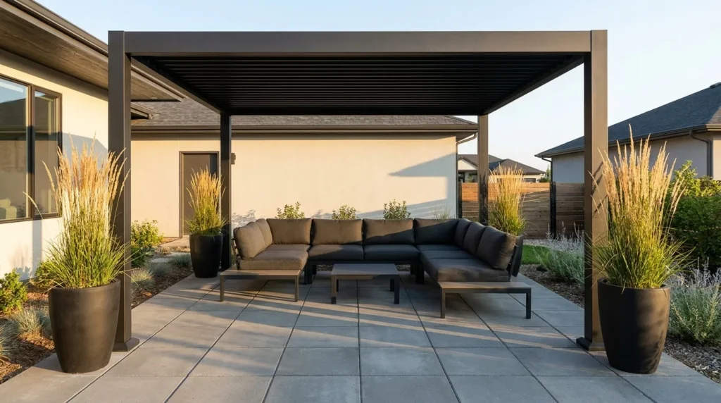 Black aluminum pergola over gray concrete pavers with minimalist outdoor sectional and ornamental grasses