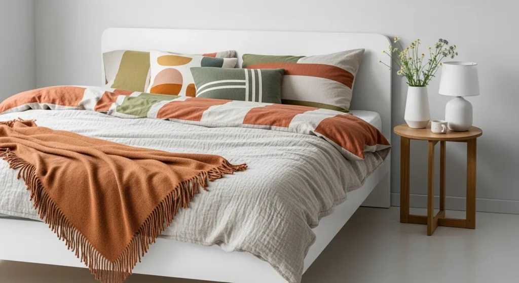 Bohemian bedroom featuring layered textiles and plants.