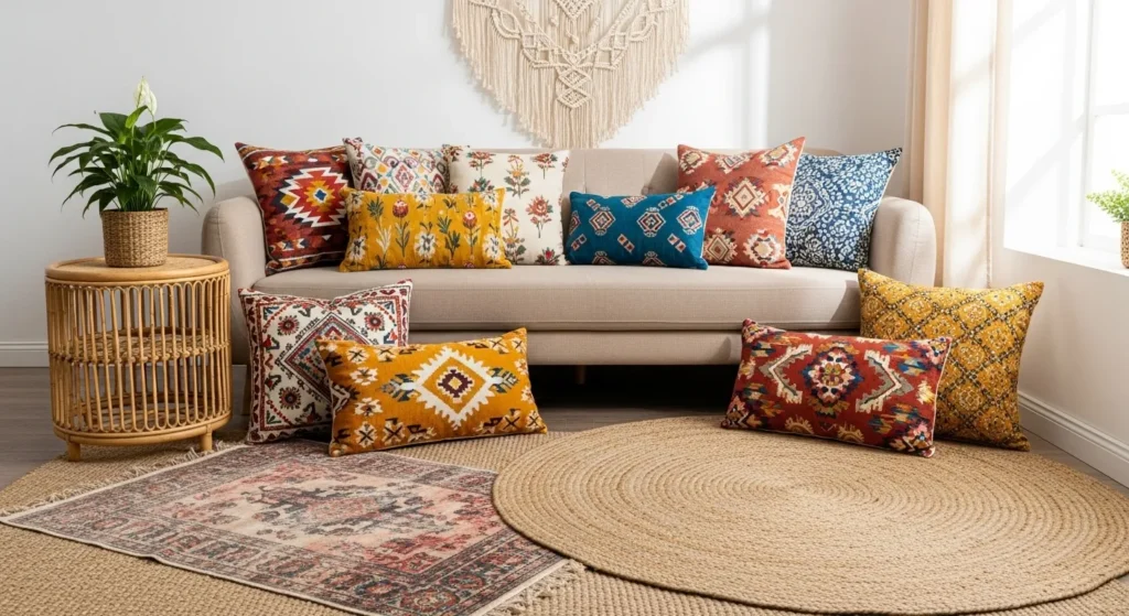 Bohemian living room with mixed patterns and natural elements.