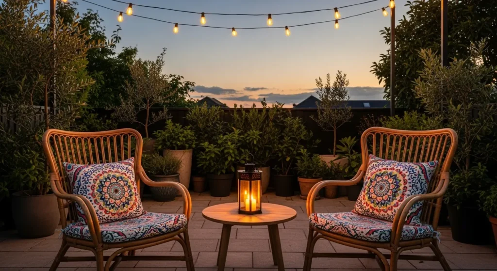 Outdoor bohemian space with natural seating and greenery.