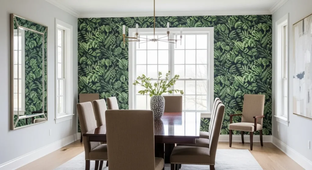 Dining room with large-scale botanical wallpaper accent wall