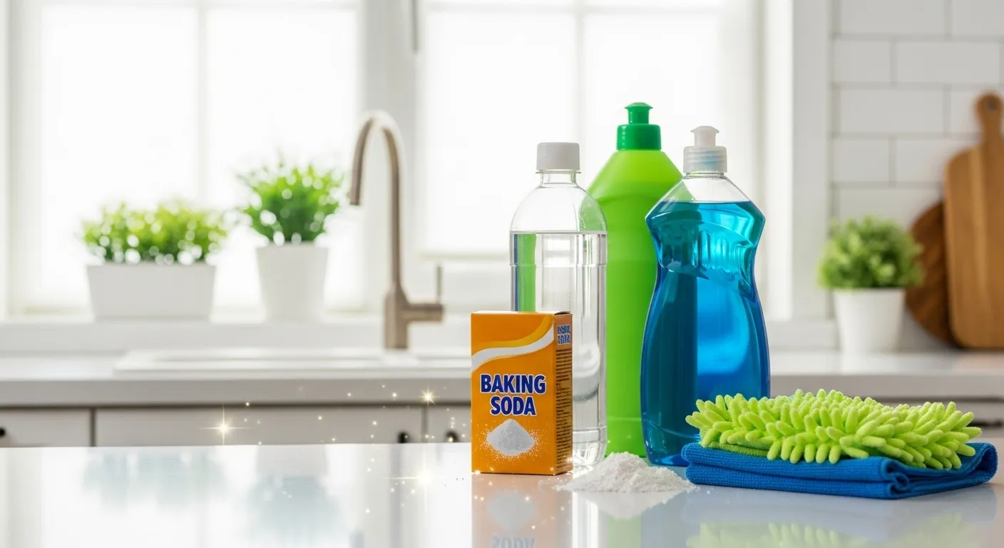 Thumbnail of budget cleaning products on kitchen counter.