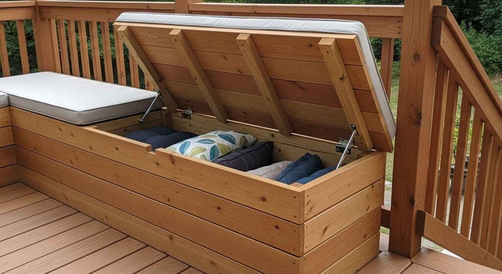 Deck with combination of solar lights, string lights, and LED step lighting