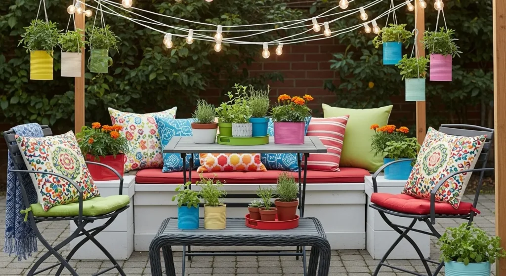 Small patio decorated with affordable DIY elements and colorful accessories