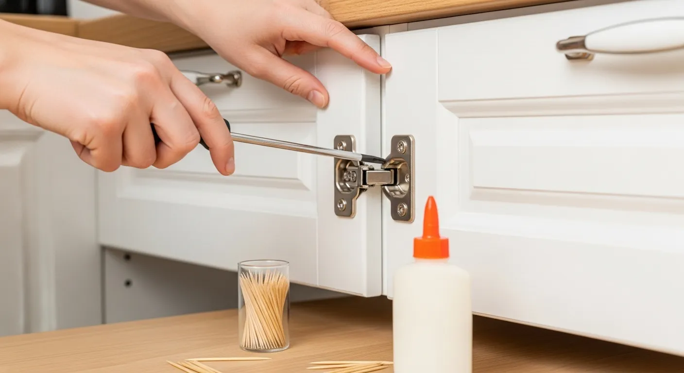 Close-up of cabinet hinge repair with tools.